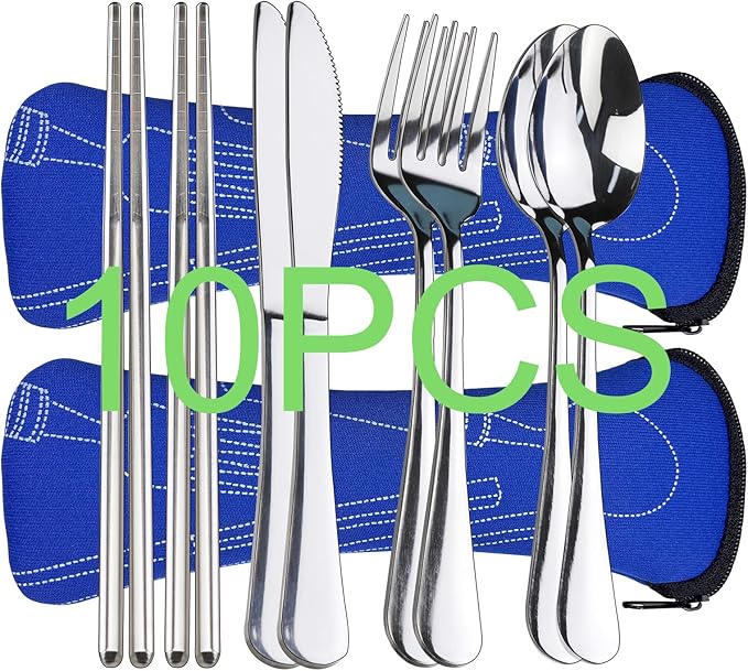 10PCS Portable Silverware Set with Case, Lengnoyp Travel Camping Utensils Set, Premium Stainless Steel Travel Cutlery Set, Reusable Safe Flatware Sets for Lunch Box/Workplace/Students, Silver-HomvellaHome