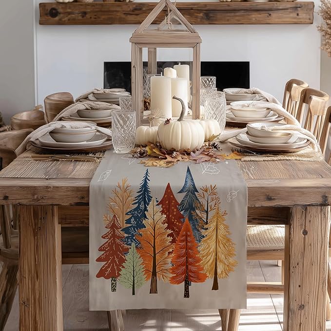GEEORY Fall Watercolor Trees & Maple Leaves Table Runner 13x72 Inch, Rustic Farmhouse Autumn Thanksgiving Decor for Kitchen, Dining, Indoor/Outdoor Holiday Dinner Party Orange Grey GT159-72-HomvellaHome