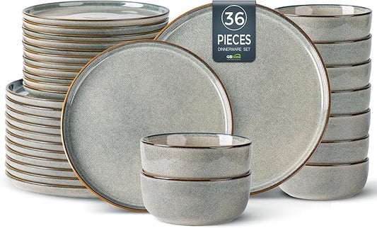 GBHOME Ceramic Dinnerware Sets for 12, 36 Pieces Stoneware Plates and Bowls Sets, Reactive Glaze Dishes -Scratch Resistant, Dishwasher&Microwave Safe, Green Wheat-HomvellaHome
