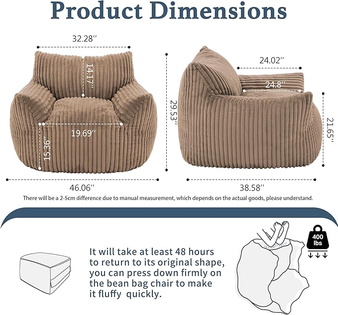 Giant Plush Bean Bag Chair for Adults with Armrests - Oversized Comfy Khaki Beanbag Lounge Lazy Floor Sofa Chair for Living Room, Bedroom & Dorm, Cozy Fluffy Single Cloud Mini Couch-HomvellaHome