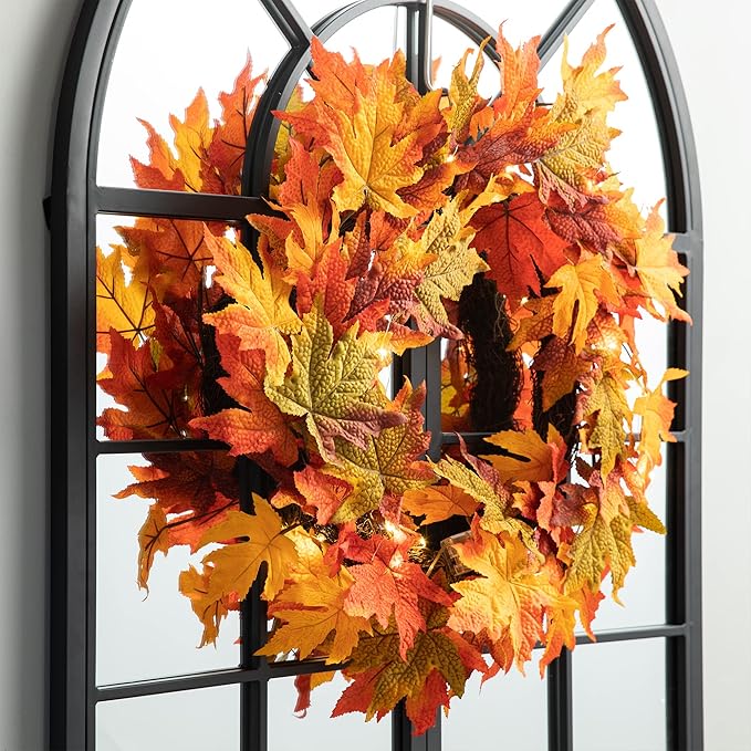Glitzhome 24 Inch Pre-lit Fall Wreath, Autumn Wreath for Front Door, Lighted Maple Leaves Wreaths with Timer for Thanksgiving Halloween Christmas Wall Front Porch Home Decoration-HomvellaHome