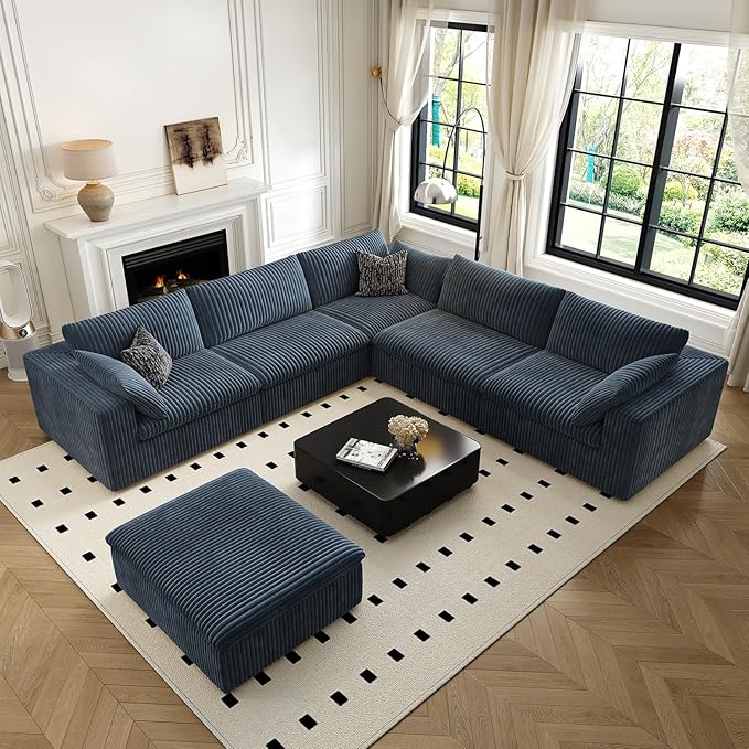118" Cloud Couch Oversized Modular Sectional Sofa for Living Room,Modern Sofa with Deep Seat，6 Seater Boneless Couch,Comfy Upholstered Corduroy Couches for Apartment, Studio, Office,Bedroom，Blue-HomvellaHome