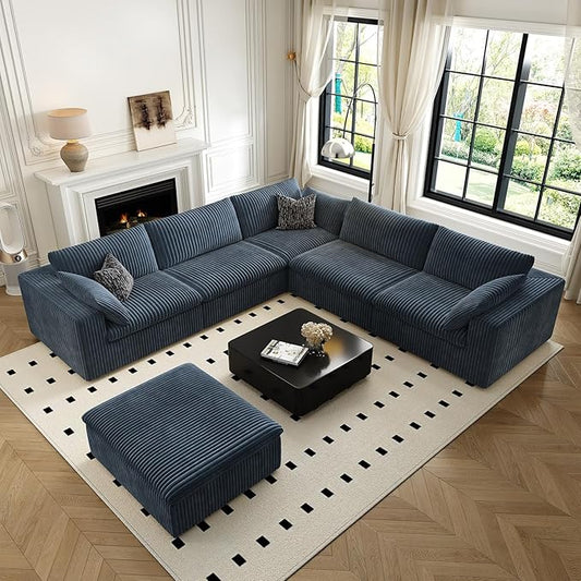 118" Cloud Couch Oversized Modular Sectional Sofa for Living Room,Modern Sofa with Deep Seat，6 Seater Boneless Couch,Comfy Upholstered Corduroy Couches for Apartment, Studio, Office,Bedroom，Blue-HomvellaHome