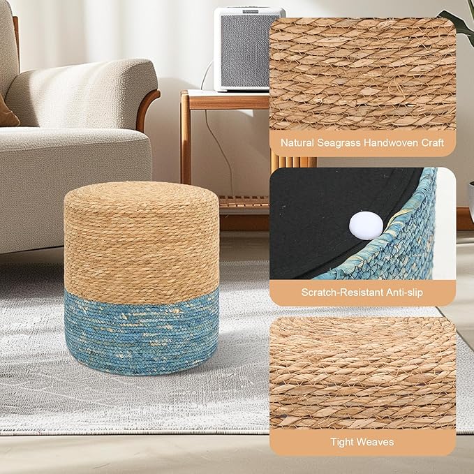 16'' Round Ottoman Natural Seagrass Braided Poof Hand Weaving Round Ottomans Boho Footrest Stool for Home Living Room Bedroom Patio(Natural&Blue)-HomvellaHome