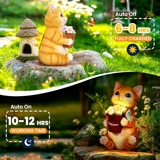 GIGALUMI Solar Garden Decor Flower Pot Cat Statues Outdoor, Birthday Gifts for Women Mom Grandma Senior Elder, Cat Ornament for Balcony, Garden, Patio, Yard, Lawn-HomvellaHome