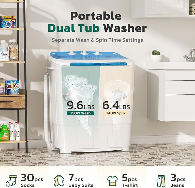 Greenvelly Portable Washing Machine, 16 Lbs Compact Mini Washer and Dryer Combo, Semi-automatic Twin Tub Washer with Drain Pump for Dorms, Apartments, RVs (Blue)-HomvellaHome