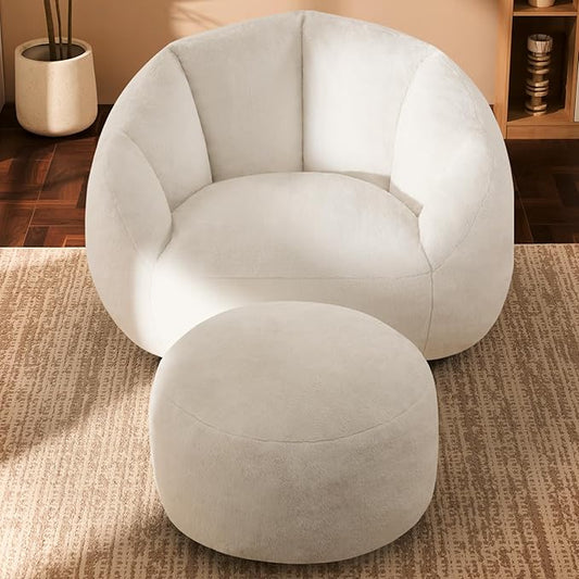 Giant Bean Bag Chaise Lounge Indoor Chair for Adults - Comfy Plush Round Shell Soft Accent Chair, Oversized Cozy Floor Sofa for Living Room, Bedroom & Game Rooms, Beige-HomvellaHome