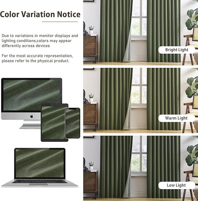 102 Inch Long Linen Blended Blackout Curtains 2 Panels, Back Tab Pleated Look Drapes for Track System with Hooks, Noise Reducing Country Blackout Winodw Curtains 50x102-Loden/Olive Green-HomvellaHome