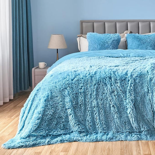 GONAAP Fuzzy Faux Fur Throw Blanket Queen Size Sky Blue Super Soft Cozy Plush Fuzzy Shaggy Blanket for Couch Sofa Bed (Sky Blue, Queen(90"x90"))-HomvellaHome