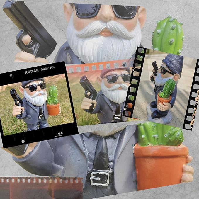 Gnome Decoration for Garden & Home - Professional Hitman Look Statue, Léon Inspired 8.7 Inch Resin Decor, Unique Outdoor Gift for Women/Men-HomvellaHome