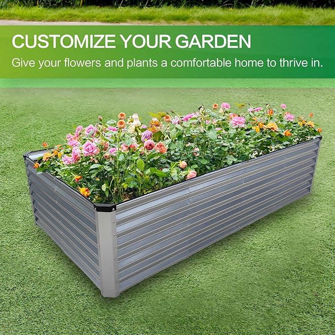 GARDMAX 8x4x2FT Galvanized Raised Garden Bed Kit, Metal Planter Boxes Outdoor with Easy Assembly, Large Garden Bed for Vegetables, Fruits, Flower, Herbs Rectangle Silver-HomvellaHome