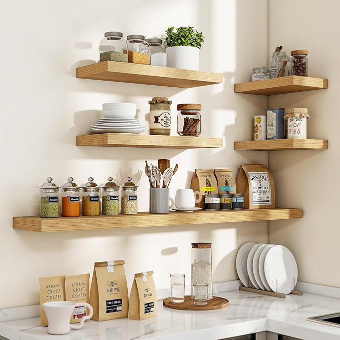 16 Inch Floating Shelves, 3D Textured Wood Grain, 16"x9.25"x1.5" Inch Deep Floating Shelves for Wall, Wooden Shelves for Bathroom, Bedroom, Living Room, Natural-HomvellaHome