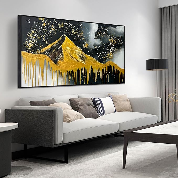 Gold Mountains Painted Wall Art for Living Room - Hand Painted Abstract Wall Art for Office - Black Framed Wall Art for Bedroom Size 29" x 59"-HomvellaHome