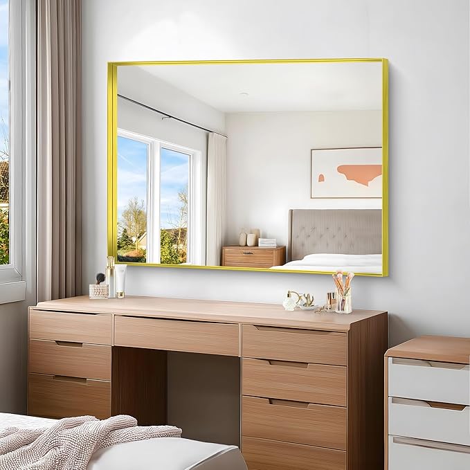 Gold Bathroom Mirror, 36x48 Inch Rectangular Framed Mirror, Large Wall Mounted Bathroom Vanity Mirror Over Sink for Bedroom,Restroom, Living Room, Hangs Vertically or Horizontally-HomvellaHome