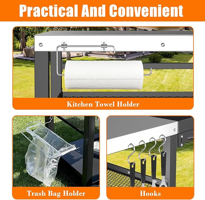 Grill Cart, Outdoor Grill Table, Pizza Oven Stand, Three-Shelf BBQ Table, Movable Dining Cart with Drawer, Fits for Ninja Woodfire Grill, Blackstone Griddle,Tabletop Grill-HomvellaHome