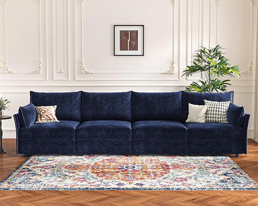 134.6" Modular Sectional Sofa, Oversized 4 Seater Blue Couch with Removable Chenille Fabric Cover, Deep Seat & High Backrest for Living Room, Office & Apartment-HomvellaHome