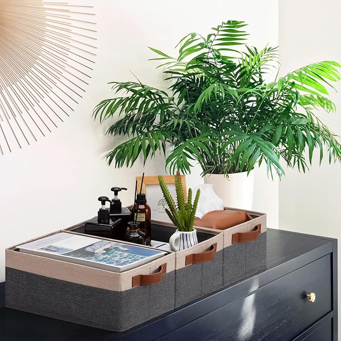 GhvyenntteS Small Fabric Storage Bins 12 Pack, 11.8" x 7.87" x 5.11" Storage Basket with Leather Handles, Closet Storage Bins for Shelves, Storage Baskets for Shelves, DVD Storage (Grey&Beige Yellow)-HomvellaHome