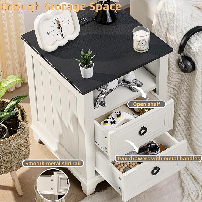 18" Farmhouse Night Stands Set of 2 with Charging Station, 2 Drawers End Table Dresser for Bedroom， Wooden Nightstand, Bed Side Table with Open Shelf, Bedside Cabinet for Living Room（White）-HomvellaHome