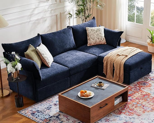 102.6" Modular Sectional Sofa, L Shaped Couch Set for Living Room, 3-Seater Comfy Cloud Couches with Movable Storage Ottoman,DIY Combination - Chenille Blue-HomvellaHome