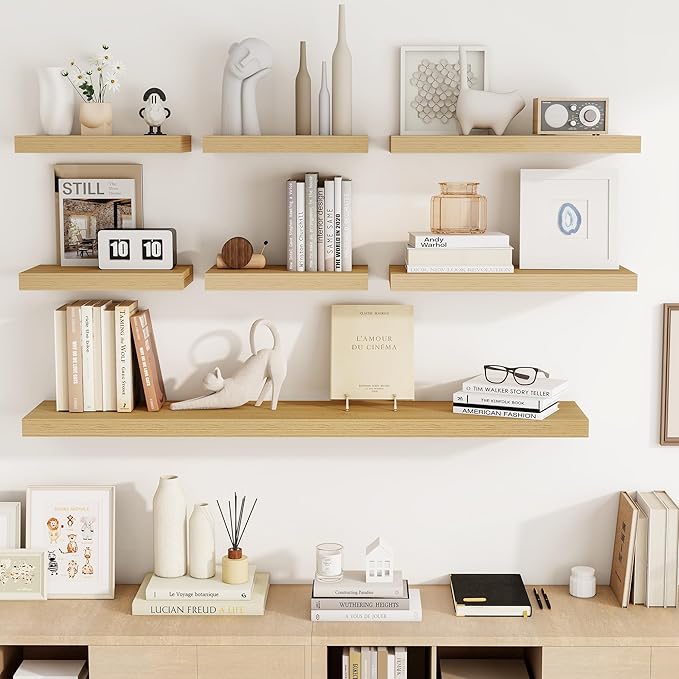 16 Inch Floating Shelves, 3D Textured Wood Grain, 16"x9.25"x1.5" Inch Deep Floating Shelves for Wall, Wooden Shelves for Bathroom, Bedroom, Living Room, Natural-HomvellaHome