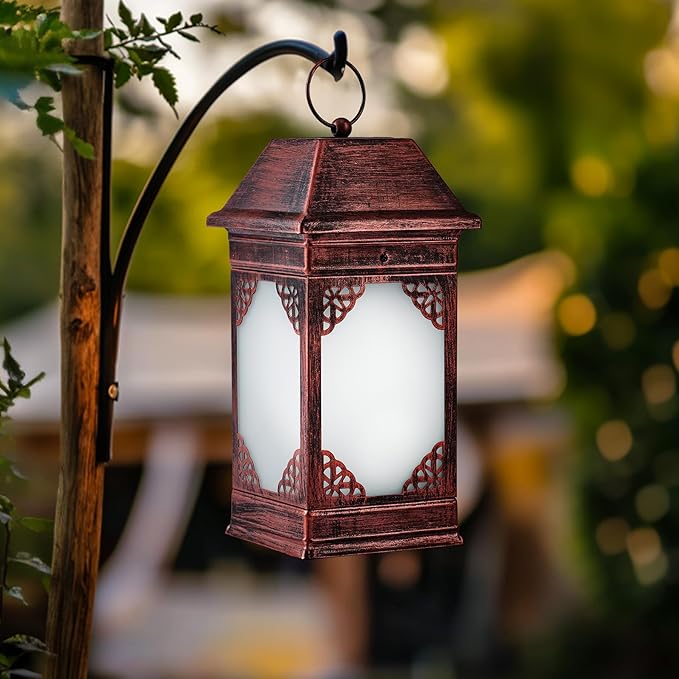 14" Solar Lanterns Outdoor Waterproof, Glass Flickering Flame Solar Lantern, Hanging Metal Lantern Decorative for Patio Front Porch Garden Backyard Tabletop Party Decoration-HomvellaHome