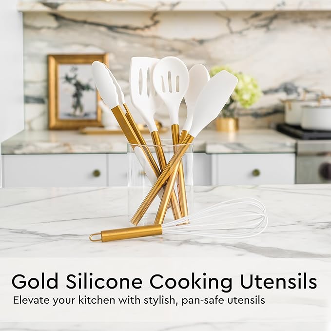 Gold Kitchen Utensils Set - 19-Piece Set Includes Stainless Steel Gold Utensils, White Silicone Tools, and Measuring Cups and Spoons - Luxury Kitchen Accessories for Modern Cooking, Serving, & Gifting-HomvellaHome