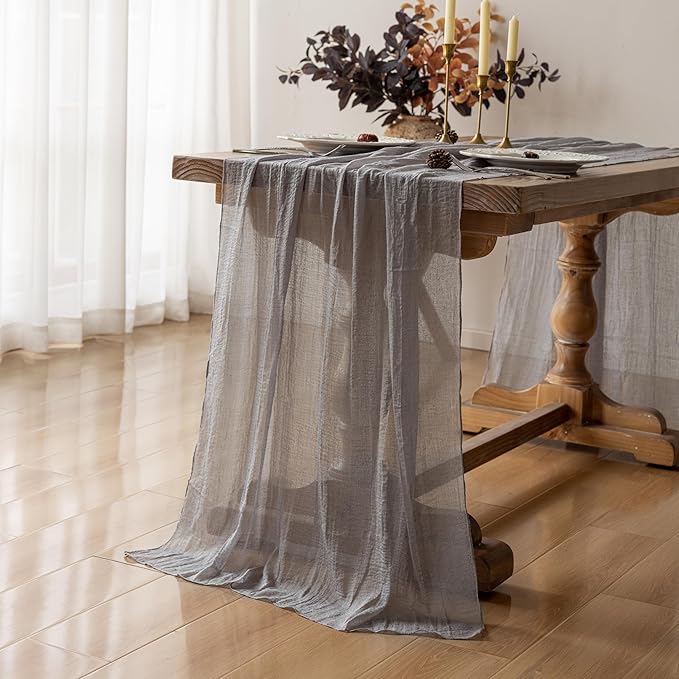 Grey Gauze Rustic Cheesecloth Table Runner 120 Inch 10 FT for Wedding Baby Shower Bridal Shower Birthday Engagement Garden Outdoor Party Long Sheer Boho Decorations-HomvellaHome