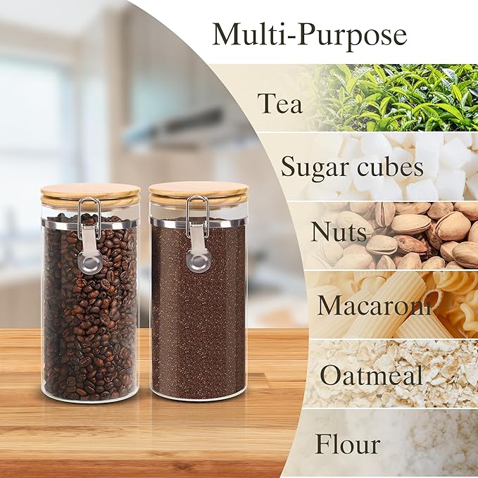 Glass Storage Jars Set Elegant Containers with Airtight Bamboo Lids, Perfect for Kitchen Organization - Flour, Rice, Pasta, Sugar, Coffee Beans, Accessories Included (Coffee Jar x 2)-HomvellaHome