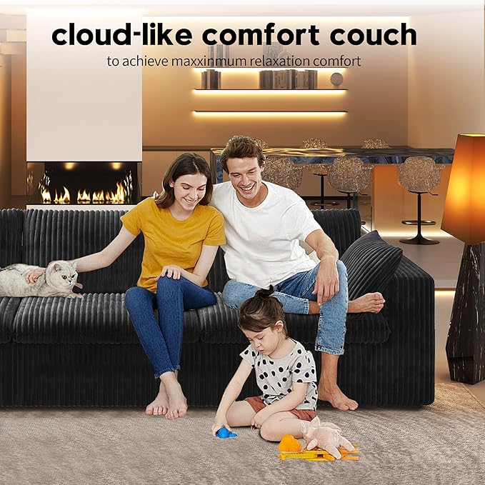 157.5" 4-Seater Cloud Sofa,Modular Sectional Couch,Modern Deep Seat Upholstered Couches with Plush Corduroy Fabric for Living Room Furniture,Bedroom and Apartment,No Assembly Required,Black-HomvellaHome