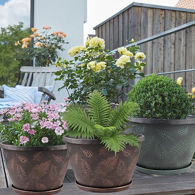 11 inch Plant Pot Set of 3, Plastic Flower Pots with Drainage Hole & Tray, Decorative Round Planters for Indoor Plants, Modern Outdoor Home Flowers Plants Garden Pots (Green)-HomvellaHome