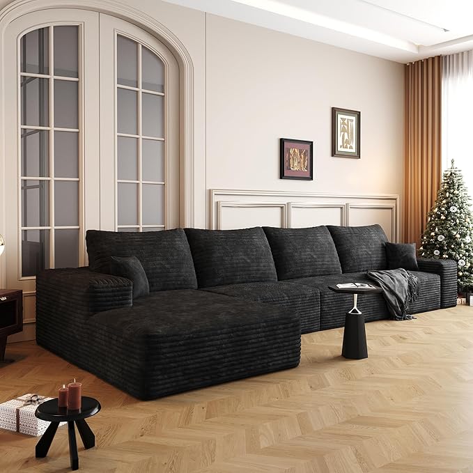 136" Sectional Couches for Living Room Modern Modular Sofa with L-Shape Couchs Upholstered Boneless Couch Deep Seat Sectional Couch with Chaise (Black, Left Facing Chaise+3Seaters)-HomvellaHome