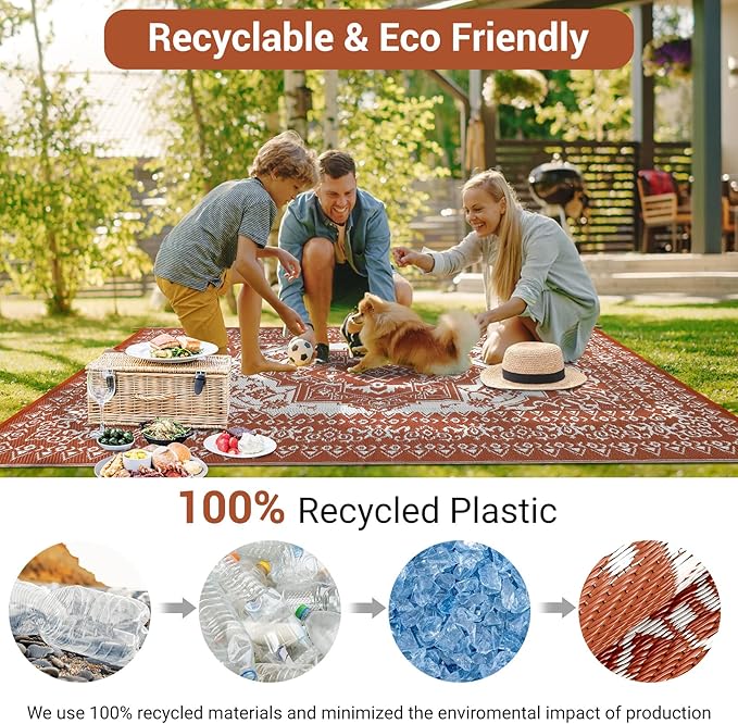 GAOMON Extra Large Outdoor Rug 10x20 Waterproof Plastic Straw Rug Reversible Vintage Patio Carpet, Portable Picnic Camping Mat with Bag & Stakes, Outside Carpet for Balcony Garden Yard, Orange Red-HomvellaHome