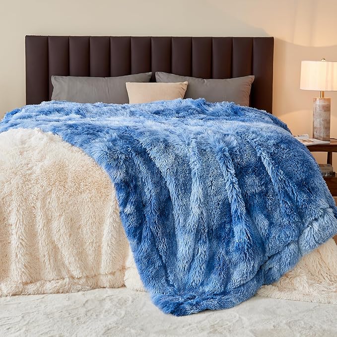 GONAAP Fuzzy Faux Fur Throw Blanket Twin Size Indigo Super Soft Cozy Plush Fuzzy Shaggy Blanket for Couch Sofa Bed (Indigo, Twin(60"x80"))-HomvellaHome