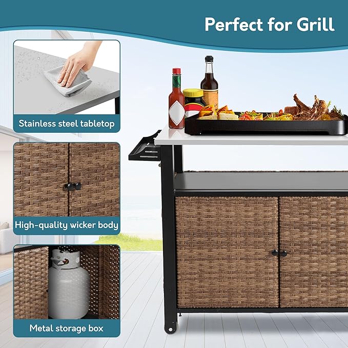 Grill Cart Outdoor with Wheels, Outdoor Prep Table with Wicker Storage and Rolling Wheels, Kitchen Island Serving Cart with Stainless Steel Table Top for BBQ, Porch, Patio, Brown-HomvellaHome