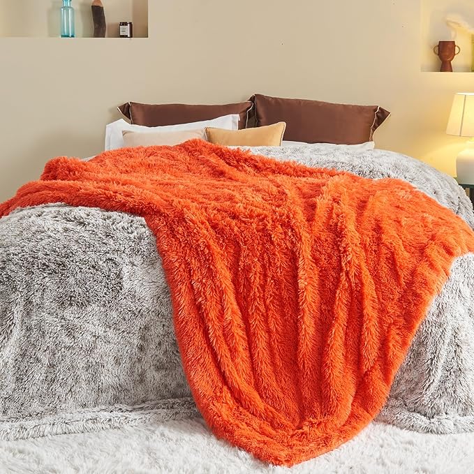 GONAAP Fuzzy Faux Fur Throw Blanket Orange Super Soft Cozy Plush Fuzzy Shaggy Blanket for Couch Sofa Bed (Orange, Throw(50"x60"))-HomvellaHome