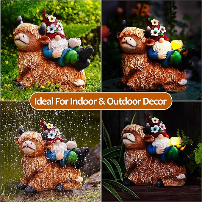 Garden Gnomes Decor Outdoor Statues Gnome on Highland Cow Hold Solar Cup Light Outdoor Decorations for Patio,Yard and Gift for Mom-HomvellaHome