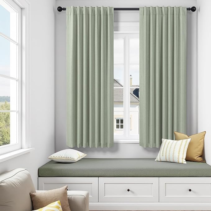 Green Country Kitchen Curtains 45 Inch Length Short Small Basement Window Blackout Cooling Curtains for Summer Heat Linen Cafe Bathroom Classroom Dorm RV Camper Sage Green Drapes with White Backing-HomvellaHome