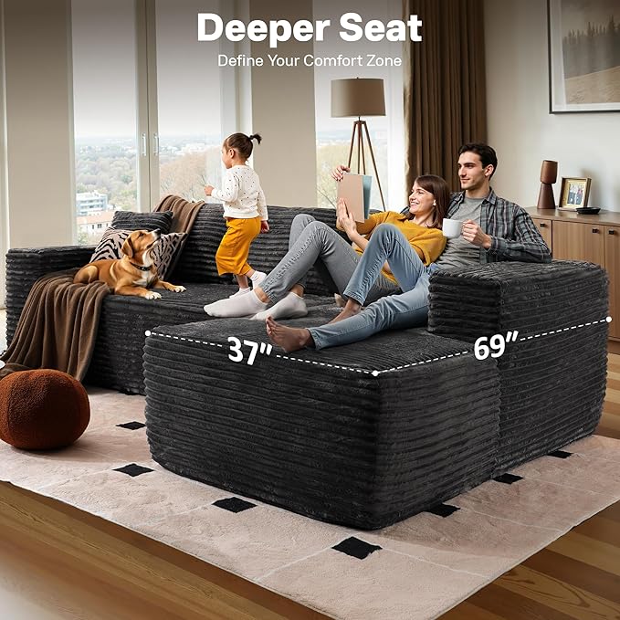 106" Cloud Sectional Couches for Living Room,Plush Corduroy Boneless Couch with Comfy Chaise,L Shaped Sofa in A Box No Assembly Require,Grey-HomvellaHome