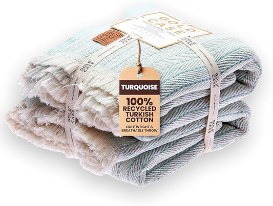 Gold Case Throw Blanket for Couch – 100% Recycled Turkish Cotton Blankets – Elegant Decorative Throw Blankets for Living Room Sofa – Woven Throws for Couch – Vintage Turquoise– 50x60 (Set of 2)-HomvellaHome