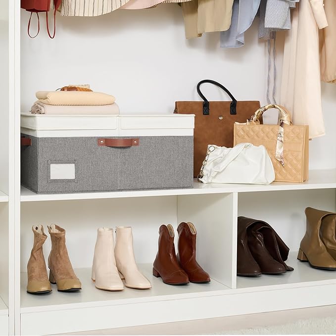 GRANNY SAYS Decorative Storage Boxes with Lid, Large Storage Bins with Double-Open Lid and Divider, Fabric Storage Bins for Clothes, Linen Storage Bins, 63L Closet Storage Bins, White&Gray-HomvellaHome