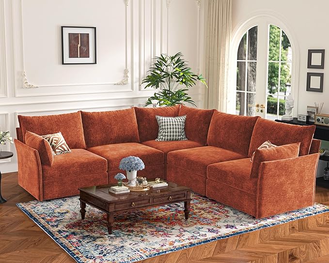 135.5" Oversized Modular Sectional Sofa, L Shaped Convertible Couch with Movable Ottoman, 5 Seat Corner Couches for Living Room Deep Seat Terracotta Orange Chenille-HomvellaHome