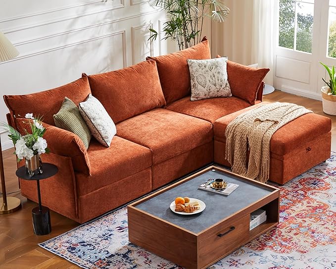 102.6" Modular Sectional Sofa, L Shaped Couch Set for Living Room, 3-Seater Comfy Cloud Couches with Movable Storage Ottoman,DIY Combination - Chenille Terracotta Orange-HomvellaHome