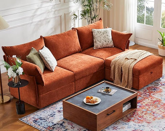 102.6" Modular Sectional Sofa, L Shaped Couch Set for Living Room, 3-Seater Comfy Cloud Couches with Movable Storage Ottoman,DIY Combination - Chenille Terracotta Orange-HomvellaHome