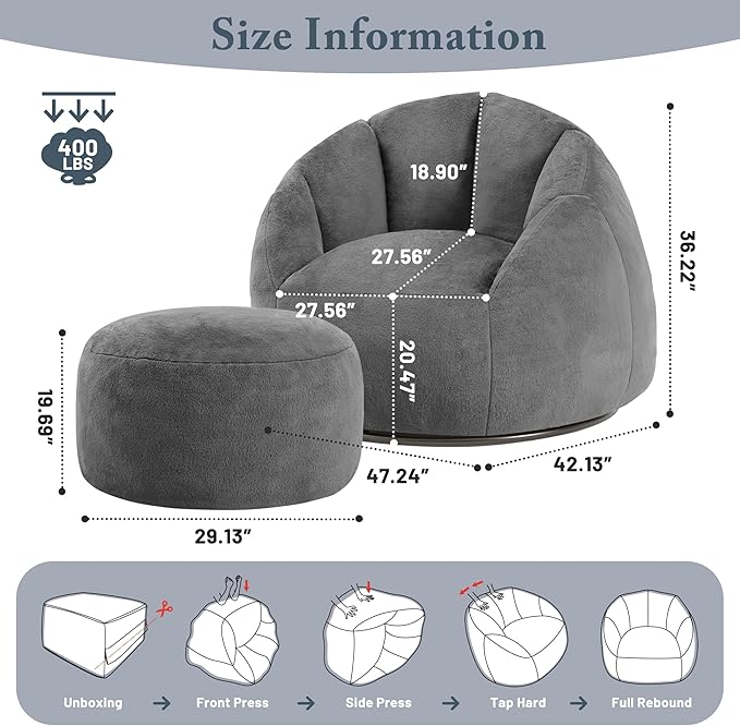 Giant Bean Bag Swivel Chair for Adults - Comfy Plush Round Shell Soft Accent Chaise Lounge Indoor Reading Chair, Oversized Cozy Floor Sofa for Living Room, Bedroom & Game Rooms, Dorm, Gray-HomvellaHome