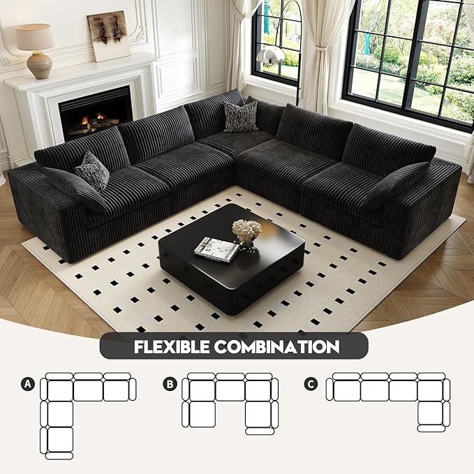 118" Cloud Couch Oversized Modular Sectional Sofa for Living Room,Modern Sofa with Deep Seat，V Shaped Boneless Couch,Comfy Upholstered Corduroy Couches for Apartment, Studio, Office,Bedroom，Black-HomvellaHome