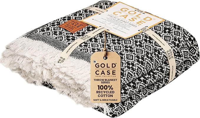 Gold Case Throw Blanket for Couch - 100% Recycled Turkish Cotton Blankets & Throws - Retro Soft Throw Blankets for Living Room Sofa - Boho Decorative Woven Throws for Couch - 60x80 - Black-HomvellaHome
