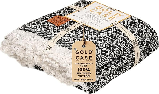 Gold Case Throw Blanket for Couch - 100% Recycled Turkish Cotton Blankets & Throws - Retro Soft Throw Blankets for Living Room Sofa - Boho Decorative Woven Throws for Couch - 60x80 - Black-HomvellaHome