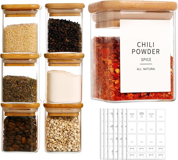 12 Pcs Square Glass Spice Jars with Natural Bamboo Lids - 9oz Airtight Herb Containers with 148 Waterproof Minimalist Spice Labels Preprinted - Empty Small Seasoning Jars for Kitchen Pantry-HomvellaHome