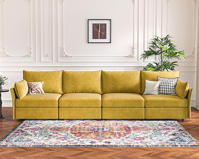 134.6" Modular Sectional Sofa, Oversized 4 Seater Couch with Removable Yellow Chenille Fabric Cover, Deep Seat & High Backrest for Living Room, Office & Apartment-HomvellaHome