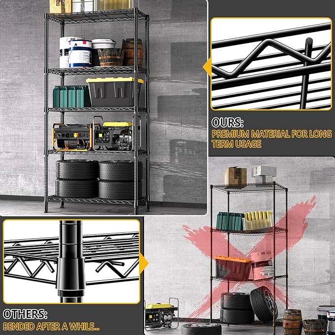 1250 lbs 5 Tier Shelf Metal Storage Shelves Shelving Wire Rack Heavy Duty Closet Organizers for Garage Kitchen Bathroom Laundry Black 15.7" D x 33.5" W x 68.5" H-HomvellaHome